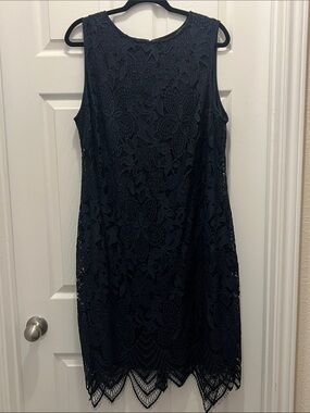 Sharagano Navy Floral Lace Midi Dress